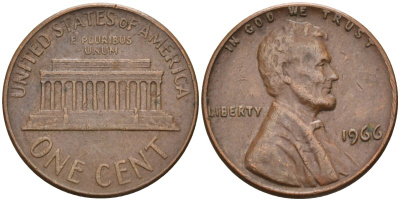 США 1 цент 1966 Линкольн KM 201 медь цинк 4115-838