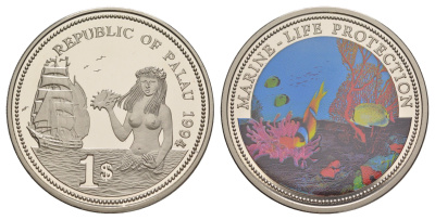 Палау 1 доллар 1994 Защита морской жизни - Русалка с ракушкой KM 5 медно-никель PROOF 1079-10-34