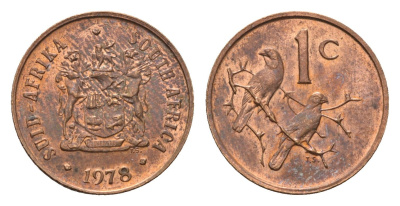 ЮАР 1 цент 1978 герб, капские воробьи KM 82 бронза aUNC 4690-1225