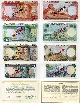 Джерси набор из 4 банкнот 1976-1988 1, 5, 10, 20 фунтов, SPECIMEN Pick 11s, 12s, 13s, 14s бумага UNC (пресс) 451-178-2