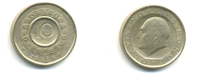 Норвегия 10 крон 1989 Улаф V (1957-1991) KM 427 медь цинк никель 179-222