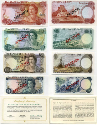 Джерси набор из 4 банкнот 1976-1988 1, 5, 10, 20 фунтов, SPECIMEN Pick 11s, 12s, 13s, 14s бумага UNC (пресс) 451-178-2
