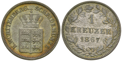 Вюртемберг 1 крейцер 1867 Карл I (1864-1891) KM 612 серебро 99-822