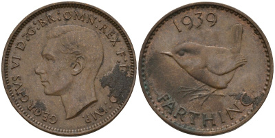 Великобритания 1 фартинг 1939 Георг VI (1936-1952) KM 843, Spink 4116 бронза 4143-625