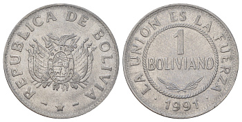 Боливия 1 боливиано 1991 KM 205 нержавеющая сталь 117-555