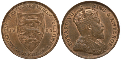 Джерси 1/24 шиллинга 1909 Эдуард VII (1901-1910) KM 9 бронза aUNC 650-421