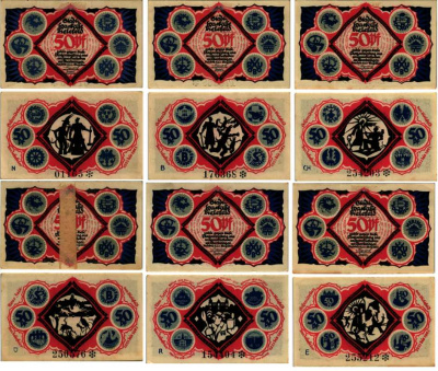 БИЛЕФЕЛЬД, ГЕРМАНИЯ НАБОР ИЗ 6 БАНКНОТ 1921 НОТГЕЛЬД, ЗЕМЛЯ СЕВЕРНЫЙ РЕЙН-ВЕСТФАЛИЯ, 6 Х 50 ПФНННИГОВ, 15 МАЯ 1921 ARNOLD KELLER 103.5 бумага 7487-55-1