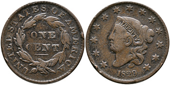 США 1 ЦЕНТ 1829 ЛИБЕРТИ, ДИАМЕТР 28,5 ММ., РОБЕРТ СКОТ медь 32-132