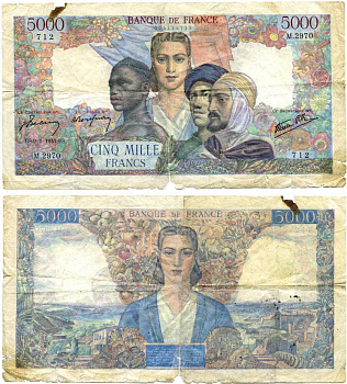 ФРАНЦИЯ 5000 ФРАНКОВ 1947 Pick 103с бумага 2192-84-1