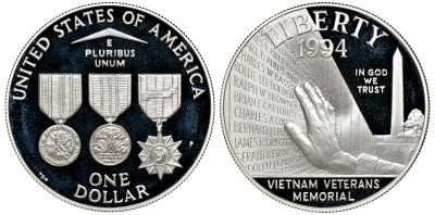 США набор из 3 монет 1 доллару 1994 ветераны, в оригинальной коробке KM 251, 250, 252 серебро	 PROOF 3-6-1-19