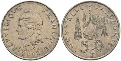 Французская Новая Каледония 50 франков 2008 хижина среди сосен и пальм, (IEOM) KM 13a, Schoen 15a, Lec 128i медно-никель 4111-442