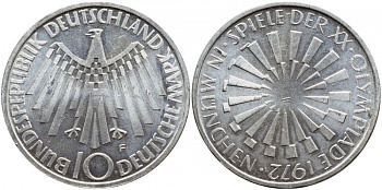 ФРГ 10 МАРОК 1972 F, ОЛИМПИАДА, СПИРАЛЬ KM 134.1, J.401b серебро UNC 1520-1422