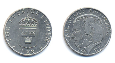 Швеция 1 крона 1980 Карл XVI Густав (1973- ) KM 852 медь плакированная медно-никелем 51-4312
