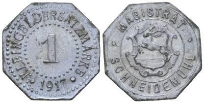 Шнайдемюль (Пруссия, Позен) 1 пфеннингов 1917 Funck 480.6, Men18 28523.8, Men18?28523.9 цинк aUNC 1515-223