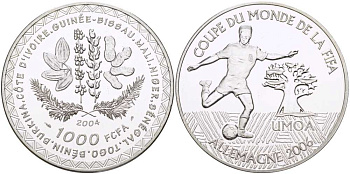 Валютное сообщество стран Западной Африки 1000 франков 2004 чемпионат мира по футболу в Германии 2006 года, FIFA KM 17 серебро PROOF 01-168-22