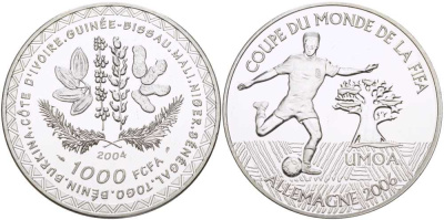 Валютное сообщество стран Западной Африки 1000 франков 2004 чемпионат мира по футболу в Германии 2006 года, FIFA KM 17 серебро PROOF 01-168-22