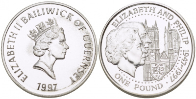Гернси 1 фунт 1997 Елизавета и Филлип, золотая свадьба KM 70 серебро UNC 650-313