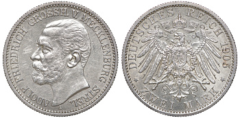 Мекленбург-Стрелиц 2 марки 1905 Адольф Фридрих V Мекленбургский (1904-1914) KM 115, J. 91 серебро aUNC 10-014-03