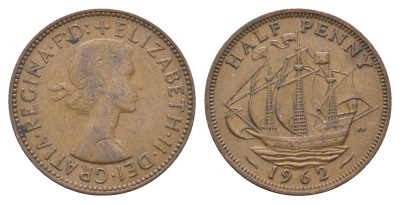 Великобритания 1/2 пенни 1962 Елизавета II (1952-2022) KM 896, Spink 4158 бронза 4662-1212