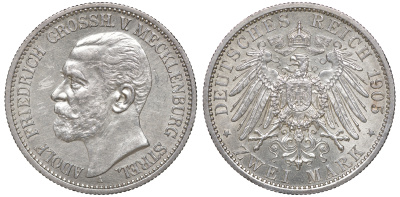 Мекленбург-Стрелиц 2 марки 1905 Адольф Фридрих V Мекленбургский (1904-1914) KM 115, J. 91 серебро aUNC 10-014-03