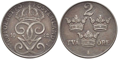 Швеция 2 эре 1942 Густав V (1907-1950), военный выпуск KM 811 железо 119-1021