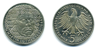 ФРГ 5 марок 1983 G, 500 лет со дня рождения Мартина Лютера J. 434, KM 159 медно-никель плакированный никелем плакированный никелем 37-1115