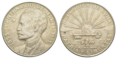 Куба 1 песо 1953 100 лет со дня рождения Хосе Марти KM 29 серебро BU 603-324