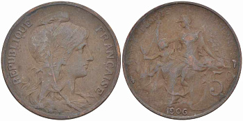 Франция 5 сантимов 1906 тип Дюпюи KM 842, LE FRANC 119.16 бронза 108-847