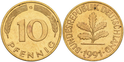 ФРГ 10 пфеннигов 1991 G KM 108, J. 383 сталь плакированная латунью 4175-1056