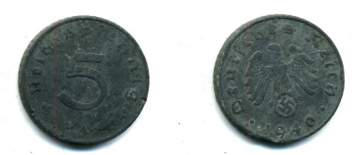 ГЕРМАНИЯ 5 РЕЙХСПФЕННИГОВ 1940 А, KM 100, J. 370 цинк 46-1946