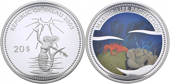 Палау 20 долларов 2003 русалка, краб на дне, цветная эмаль, 155 г., 5 унций серебро PROOF 01-097-21-2
