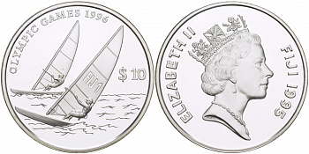 Фиджи 10 долларов 1995 XXVI Олимпийские игры 1996 года в Атланте, парусный спорт KM 79 серебро PROOF 04-313-35