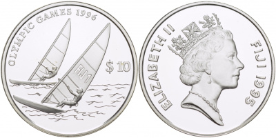 Фиджи 10 долларов 1995 XXVI Олимпийские игры 1996 года в Атланте, парусный спорт KM 79 серебро PROOF 04-313-35