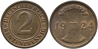 ГЕРМАНИЯ 2 РЕНТПФЕННИГА 1924 F J 307, KM 31 бронза UNC 66-721