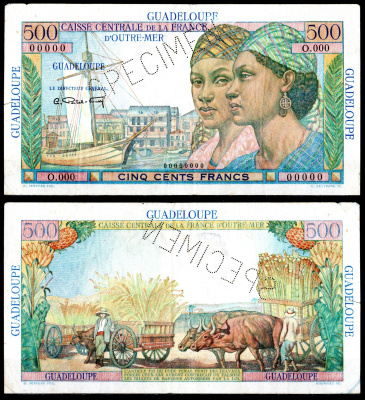 Гваделупа 500 франков ND (1947-1949) SPECIMEN - образец, женщины,  рабочие и быки с телегами урожая Pick 36 s  бумага   451-887-1