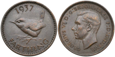 Великобритания 1 фартинг 1937 Георг VI (1936-1952) KM 843, Spink 4116 бронза 4548-1144