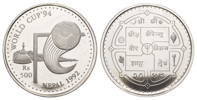 Непал 500 рупий 1992 Чемпионат мира по футболу 1994, США KM 1069 серебро PROOF 1079-9-42