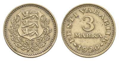 Эстония 3 марки 1926 год-тип KM 6 никель латунь 00-902-26