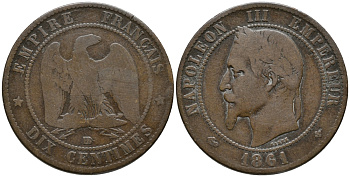 Франция 10 сантимов 1861 BB, Наполеон III (1852-1870) KM 798.2, Le Franc 134.3 бронза 32-1022