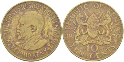 Кения 10 центов 1970 Джомо Кениата KM 11 никель латунь 4512-236
