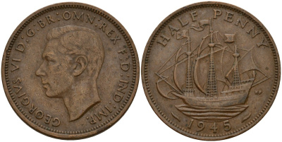 Великобритания 1/2 пенни 1945 Георг VI (1936-1952) KM 844, Spink 4115 бронза 4159-747