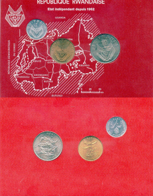 Руанда набор монетного двора из 3 монет (1, 5 и 10 франков) 1974-1977 в оригинальной упаковке KM 12, 13 и 14.1 UNC 8-1-03-03
