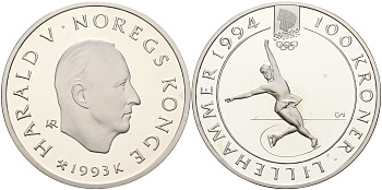 Норвегия 100 крон 1993 зимние Олимпийские игры 1994 года в Лиллехаммере, фигурное катание KM 449 серебро  PROOF  11-234-51