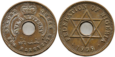 Нигерия 1/2 пенни 1959 Елизавета II (1952-), Британский протекторат KM 1 бронза 4387-148