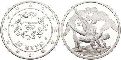 Греция 10 евро 2004 XXVIII летние Олимпийские игры 2004 года в Афинах, борьба KM 203 серебро PROOF 02-035-11