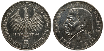 ФРГ 5 марок 1964 J, 150 лет со дня смерти Иоганна Готлиба Фихте J. 393, KM 118.1 серебро 413-1721