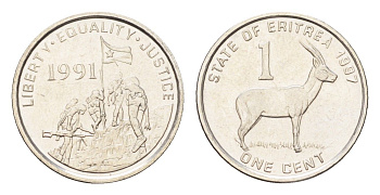 Эритрея 1 цент 1997 краснолобая антилопа KM 43 сталь плакированная никелем UNC 4668-532