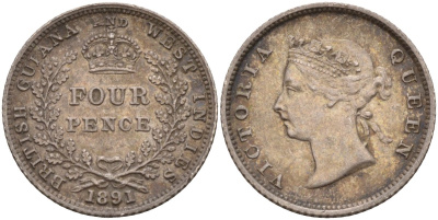 Британская Гвиана и Вест-Индия 4 пенса 1891 Виктория (1837-1901) KM 26 серебро 633-1233
