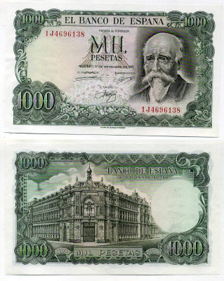 Испания 1000 песет 1971 (1974) Хосе Эчегерай-и-Эйсагирре, 100 лет со дня того, как Banco de España стал единственным банком-эмитентом (1874–1974) Pick 154 бумага UNC (пресс) 451-156-1