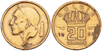 Бельгия 20 сантимов 1954 Belgie, Бодуэн I (1951-1993) KM 147.1 бронза 4528-914
